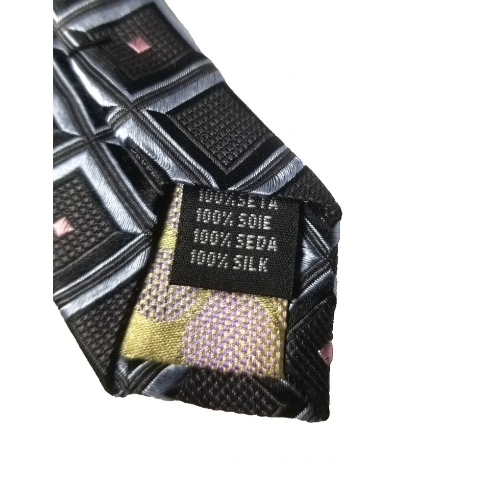 Roberto Villini‎ Couture Black Silver Geometric w/Squares Pointed Silk Tie